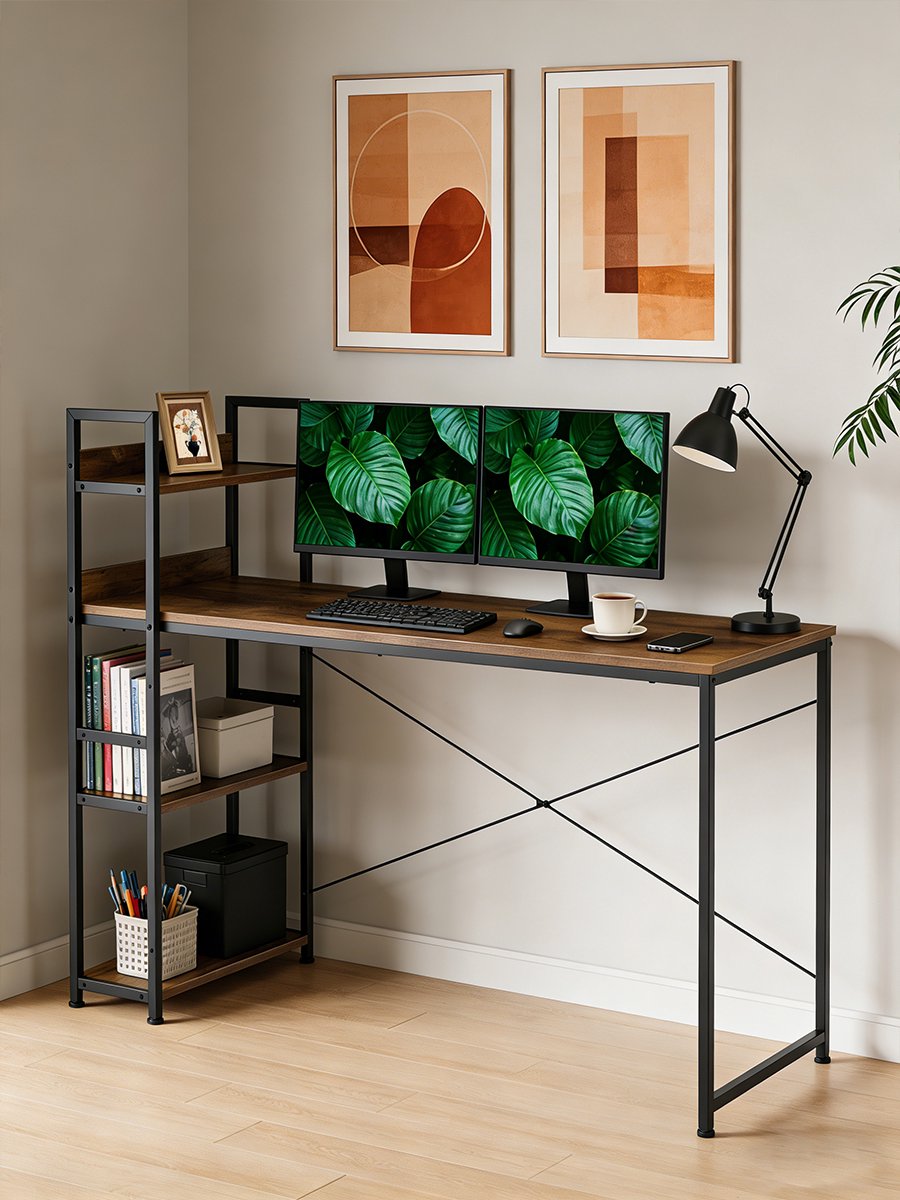 Computerbureau met Omkeerbare Boekenkast - Bureau van 140 x 60 cm met 4 Open Planken, Ruim Werkblad en Stevig Metalen Frame - Industrieel Bureau voor Laptop, Computer, Thuiswerken, Studiekamer, Slaapkamer en Kantoor - Bruin en Zwart