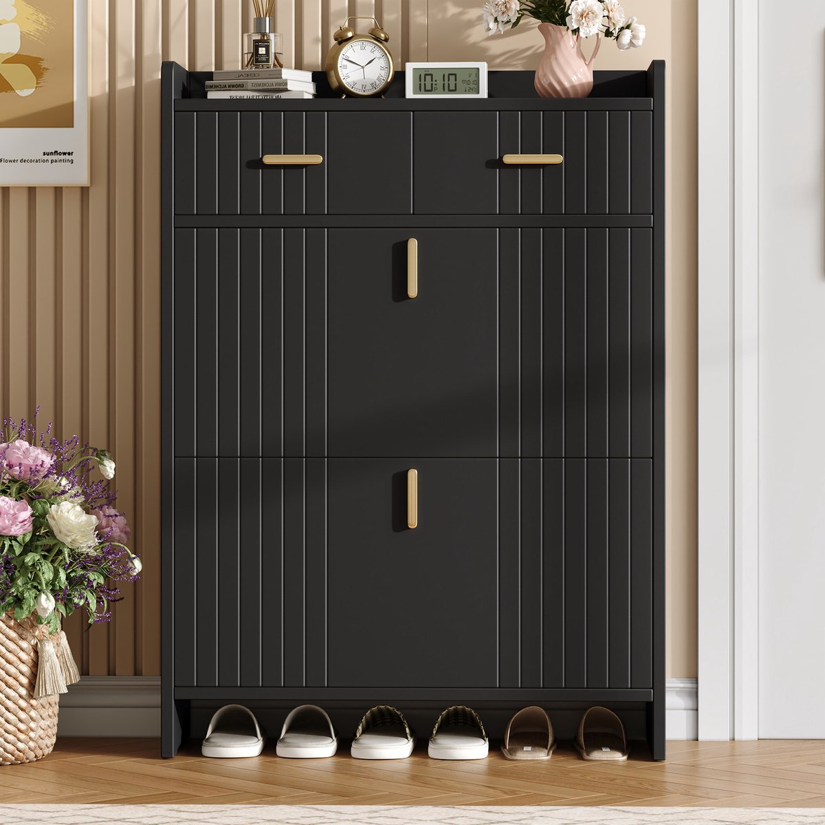 VVBV Schoenenkast 75x24x108.5 cm - 2 Klepvakken, Smal Ontwerp, Opbergruimte, Met Lades - Zwart, Spaanplaat