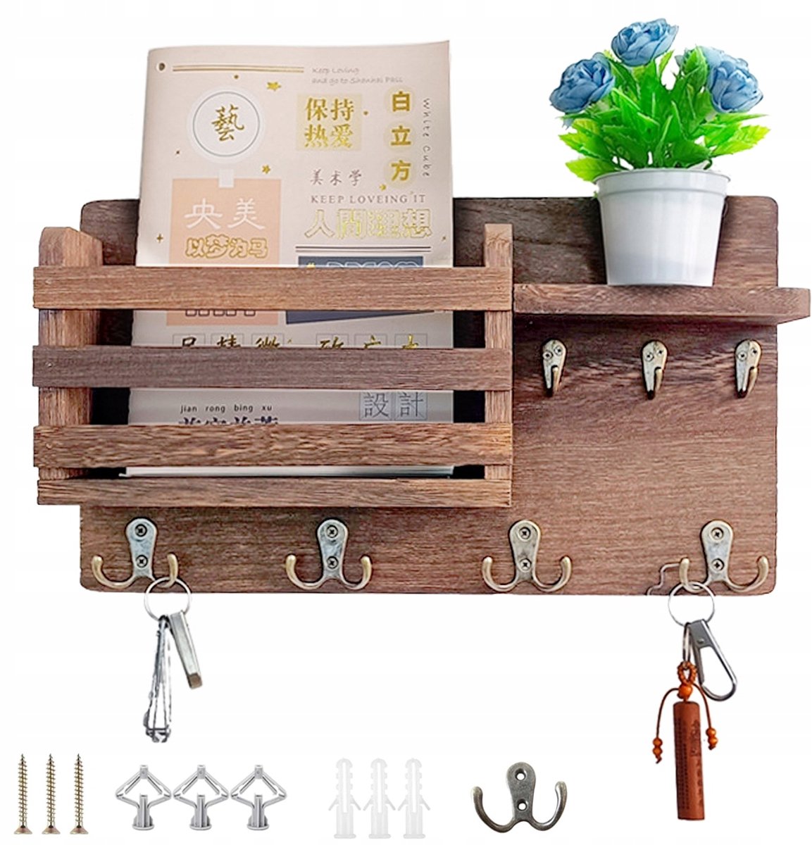 Merkloos Houten Wandrek met Haakjes en Plank voor Sleutels & Post