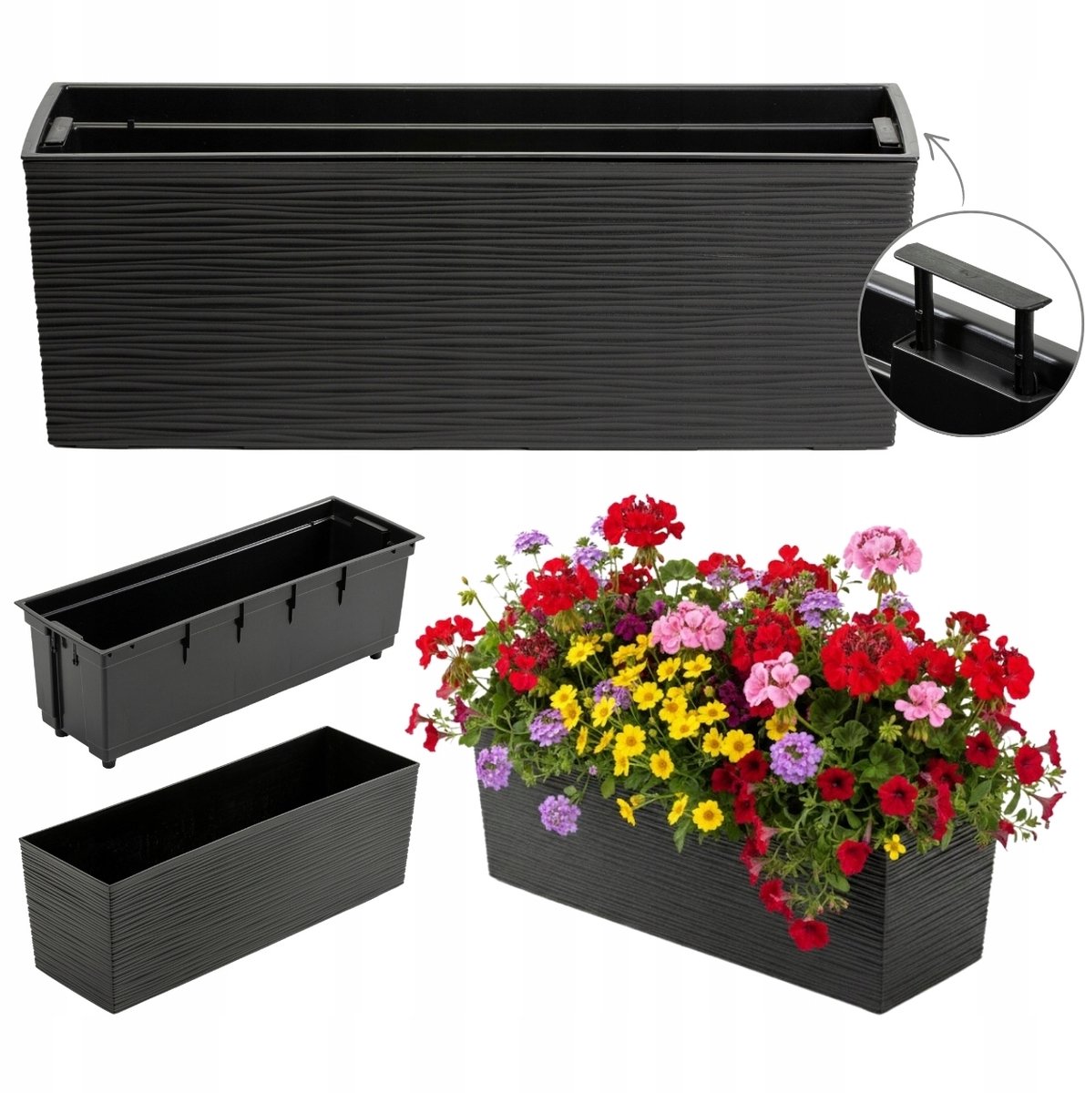 Zwarte Rechthoekige Plantenbak 56x19cm met Inzetstuk