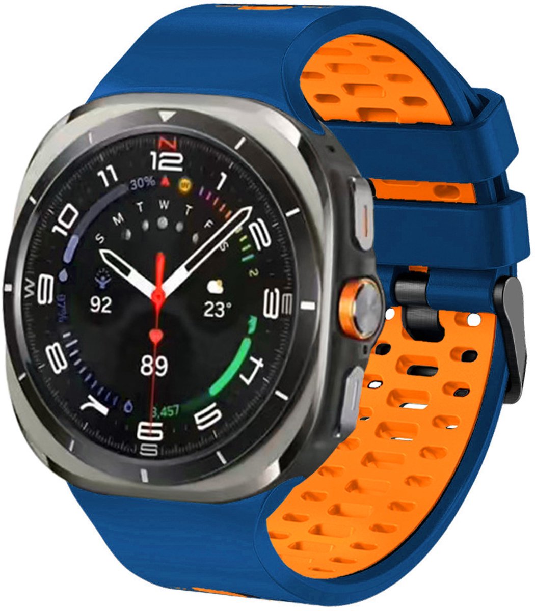 Stravo Tweekleurig Siliconen Sport Bandje – Geschikt voor Samsung Galaxy Watch Ultra 2 47mm (2026) / Ultra 47mm (2024/2025) – Ademend Horlogebandje met Ventilatiegaten en Gespsluiting – Blauw / Oranje