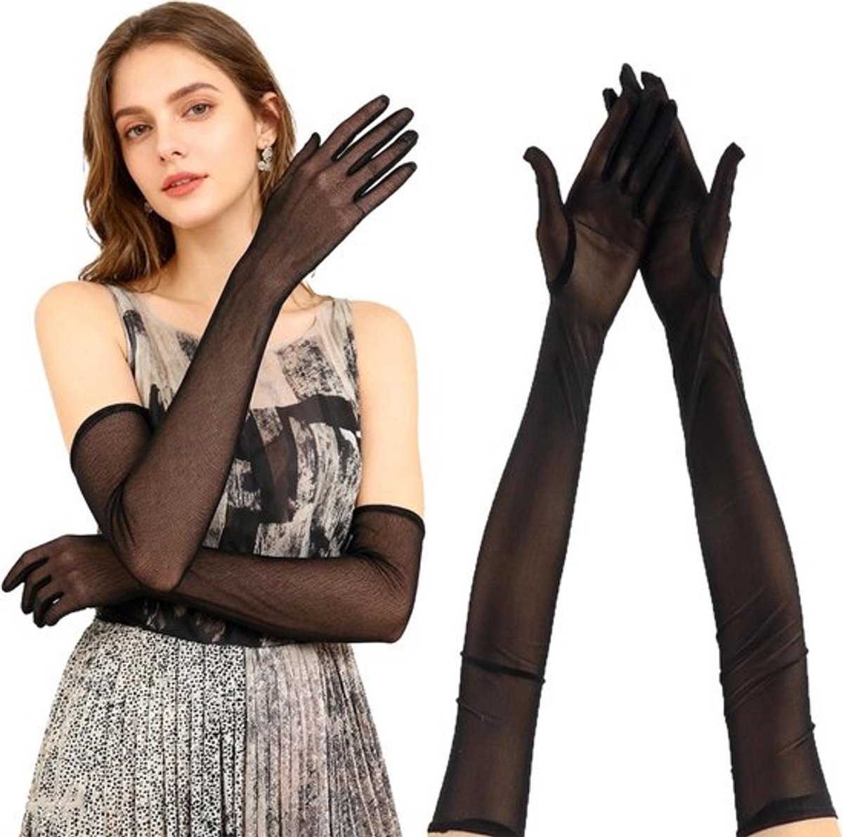 Zwarte Transparante Kanten Handschoenen voor Dames, Sexy Lange Handschoenen voor Bruiloft, Opera en Feestjes, Perfecte Accessoires voor Kostuums en Dans