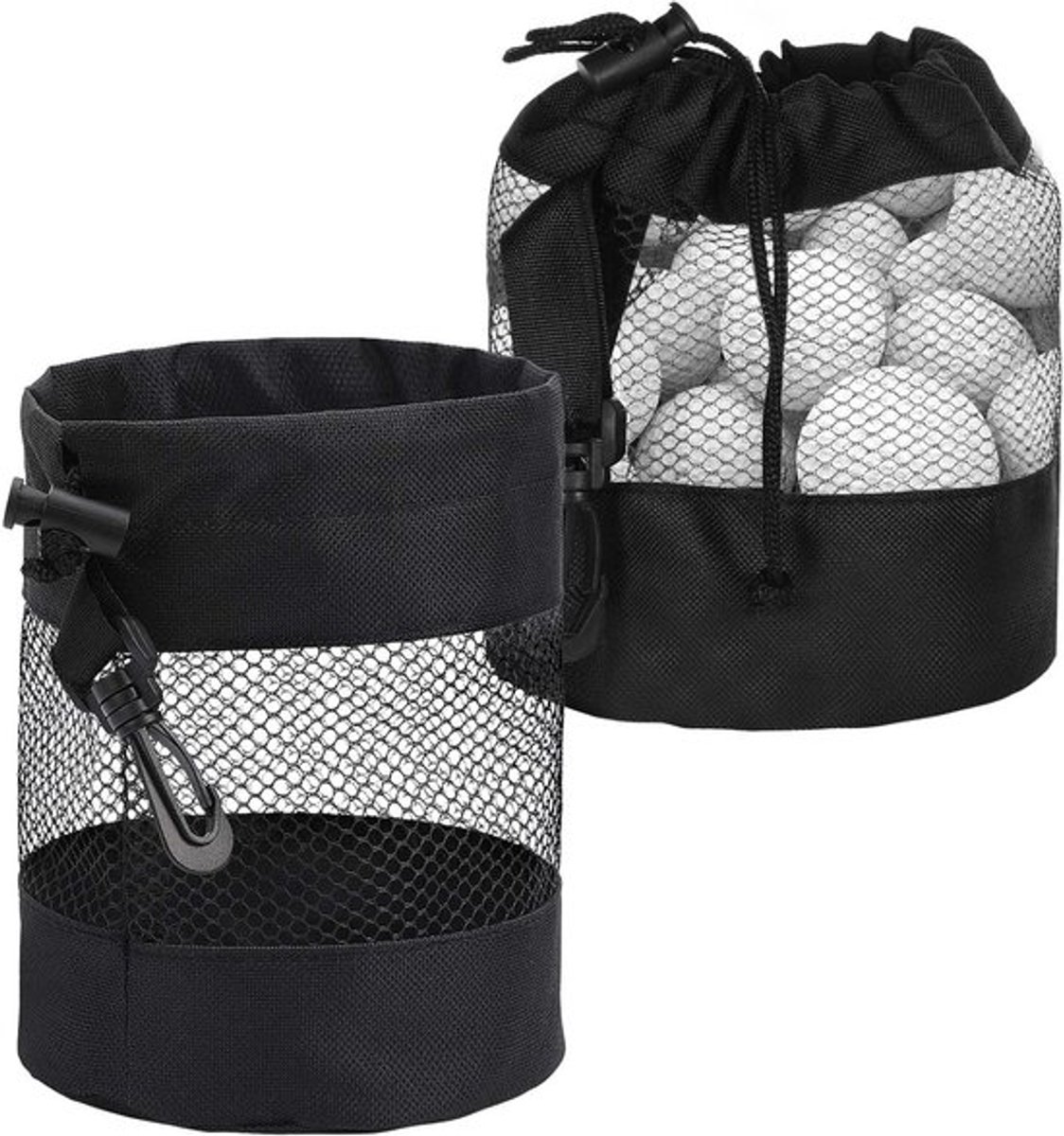 2 Stuks Golfballen van Nylon Mesh met Trekkoord, Zwart, 14cm x 14cm x 16.5cm - Ideaal voor Golftraining en Oefeningen