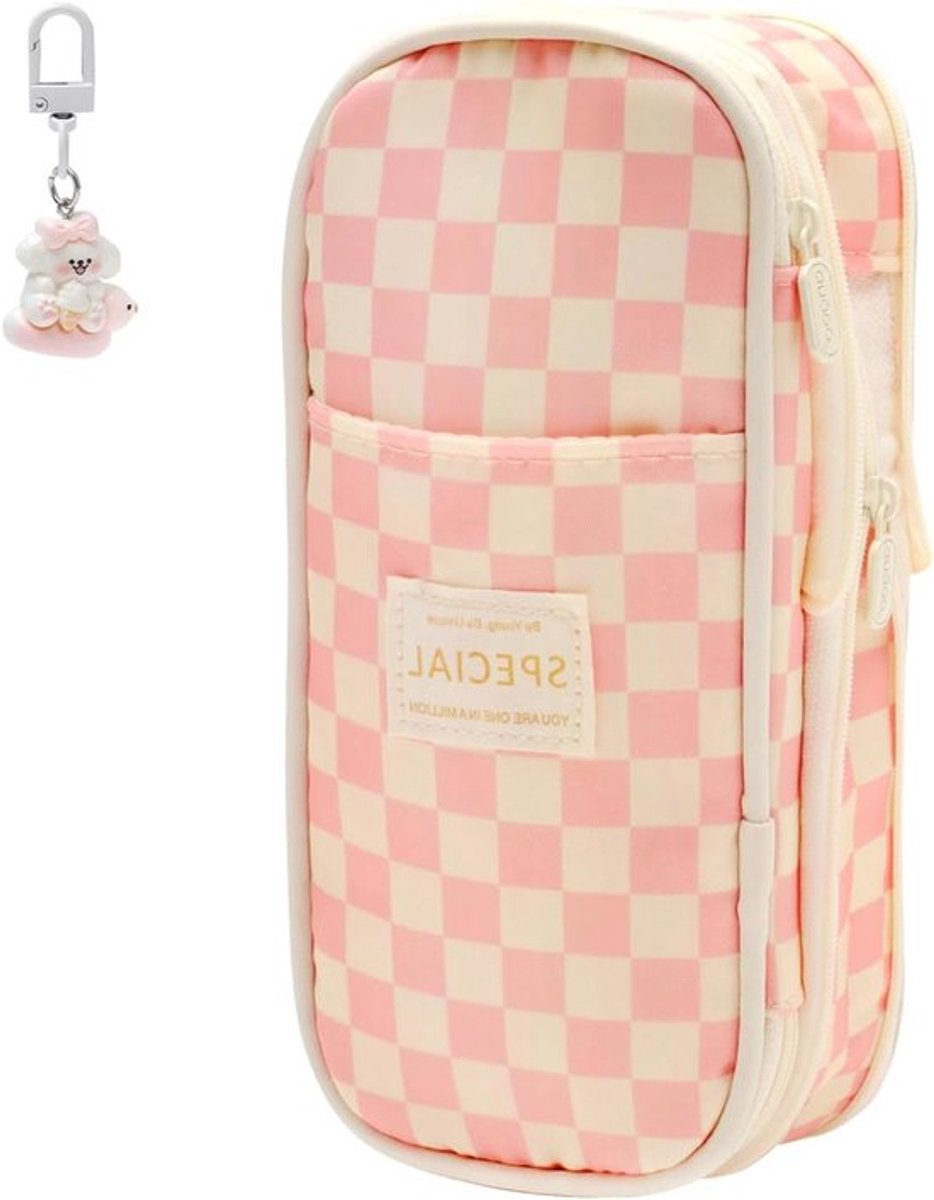 Grote Pennenzak met Roze Diamantpatroon, 4 Compartimenten, Aesthetic Design voor School en Kantoor, Inclusief Schattige Sleutelhanger