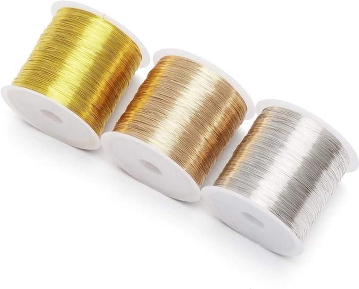 100 meter spoelen van flexibele draad voor sieraden maken, 0,3 mm, koperkleurige en zilverkleurige draad, lichtgewicht en duurzaam voor knutselprojecten