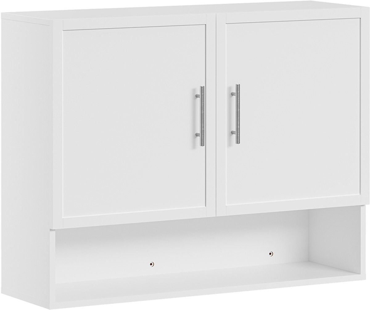 SoBuy Wandkapstok met Hoedenplank - Wandkastje Hangend met 2 Deuren en Open Vak - Wit MDF Wandkast met Zilverkleurige Handgrepen en Muurbevestiging | BZR233-W