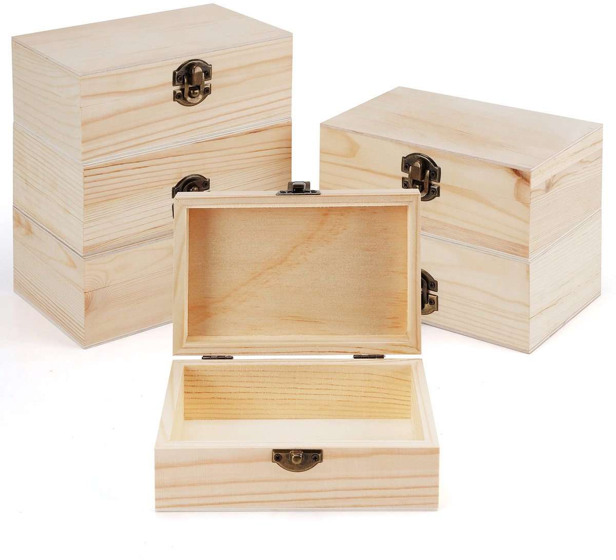 Solidchoice - Set van 6 Onbewerkte Houten Dozen met Scharnierdeksels - Voor Sieraden en Kunstprojecten