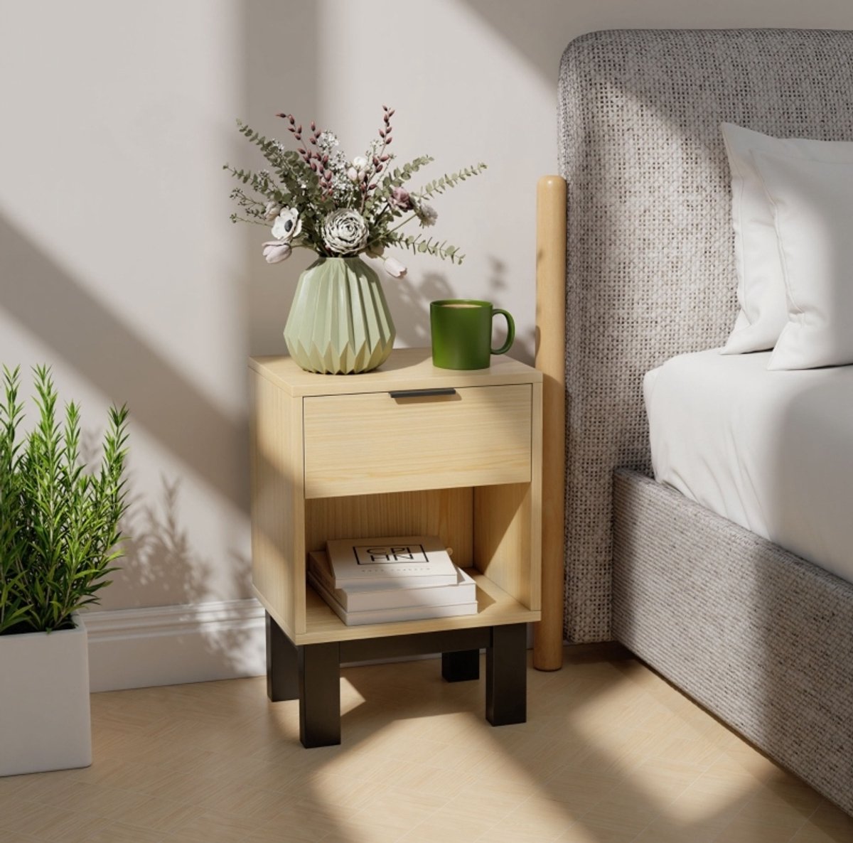 MEUNIQ Nachtkastje 35 x 26 x 50 cm met lade en open vak, nachtkast voor slaapkamer of woonkamer, compacte opbergkast in eikenkleur