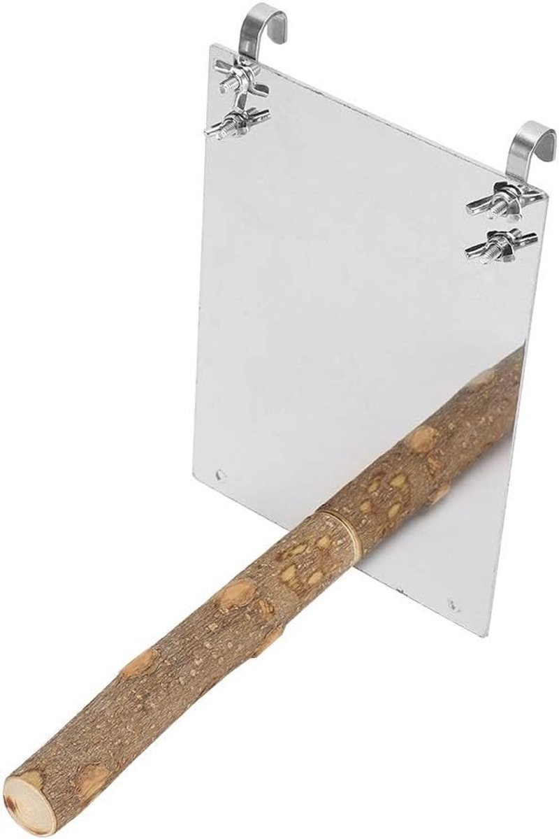 Stainless Steel Vogel Spiegel met Houten Standaard voor Parkieten, Conures en Vinken