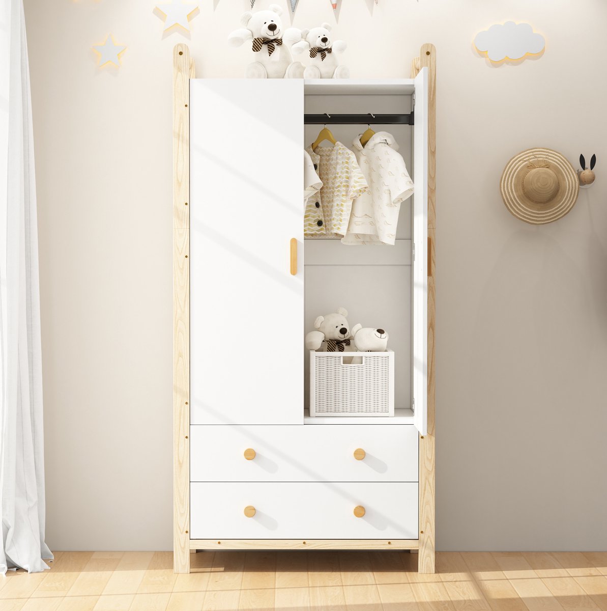 MIVRAY Kledingkast - Met 2 Deuren Kledingstang En 2 Lades - Ruimtebesparend Voor Slaapkamer En Hal - Wit En Natuurlijk Hout - 89,6x44x180,5 Cm