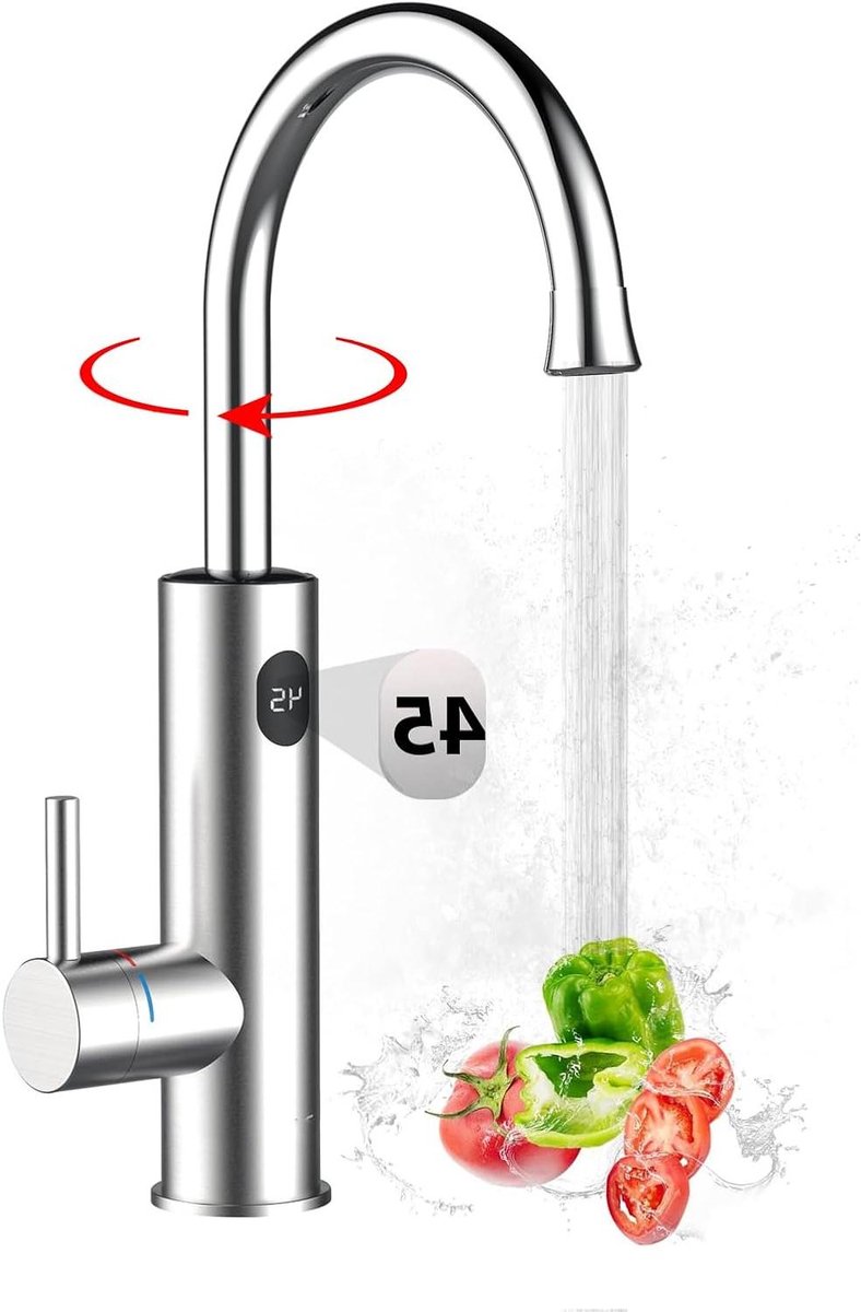 Warmwaterkraan Keuken - Elektrische Boiler - Direct Warm Water - Led Display - 3200 Watt - Zilver
