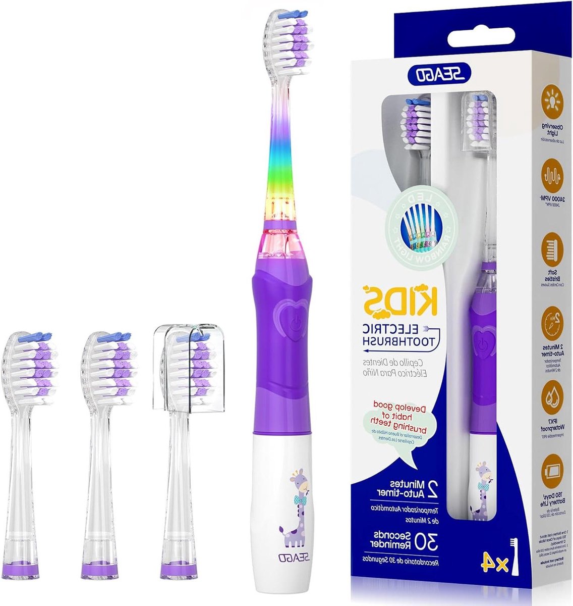 Elektrische Tandenborstel - Kindertandenborstel - Tandenpoetsen Leren - Vrolijk Ledlicht - 4 Borstelkoppen - Violet