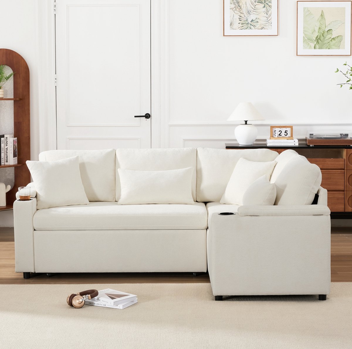 FloraGrace Hoekbank - 206,5 x 141 x 86 cm - Uitschuifbare Slaapfunctie, Opbergruimte, Bekerhouder En USB-Laadpoort - Woonkamer - Chenille - Beige