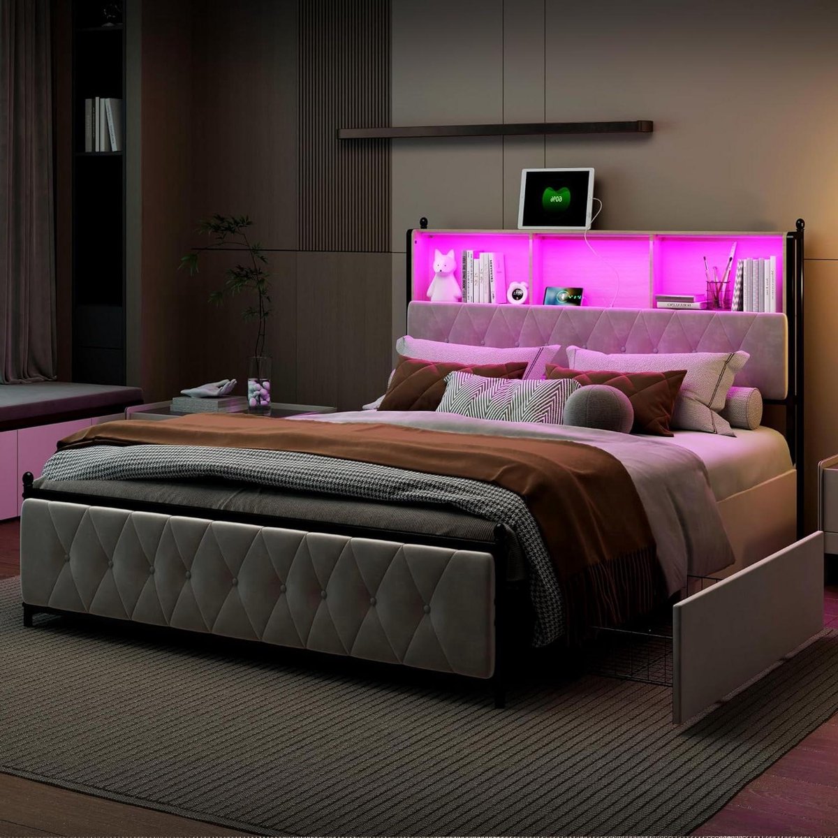Tweepersoonsbed - Gestoffeerd bed - Slaapkamer organiseren - Met opbergruimte - 140 x 200 cm - Beige