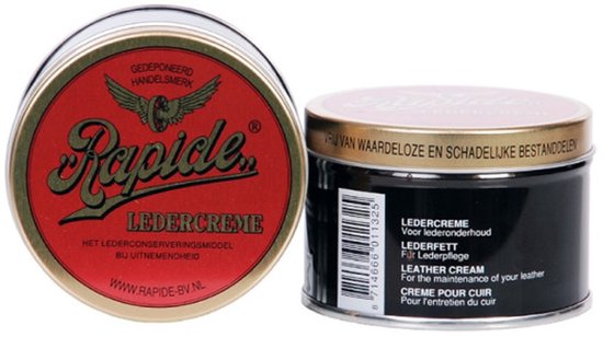 Rapide Ledercrème in blik, met rode deksel en goudkleurige opdruk. Verpakking met etiket.