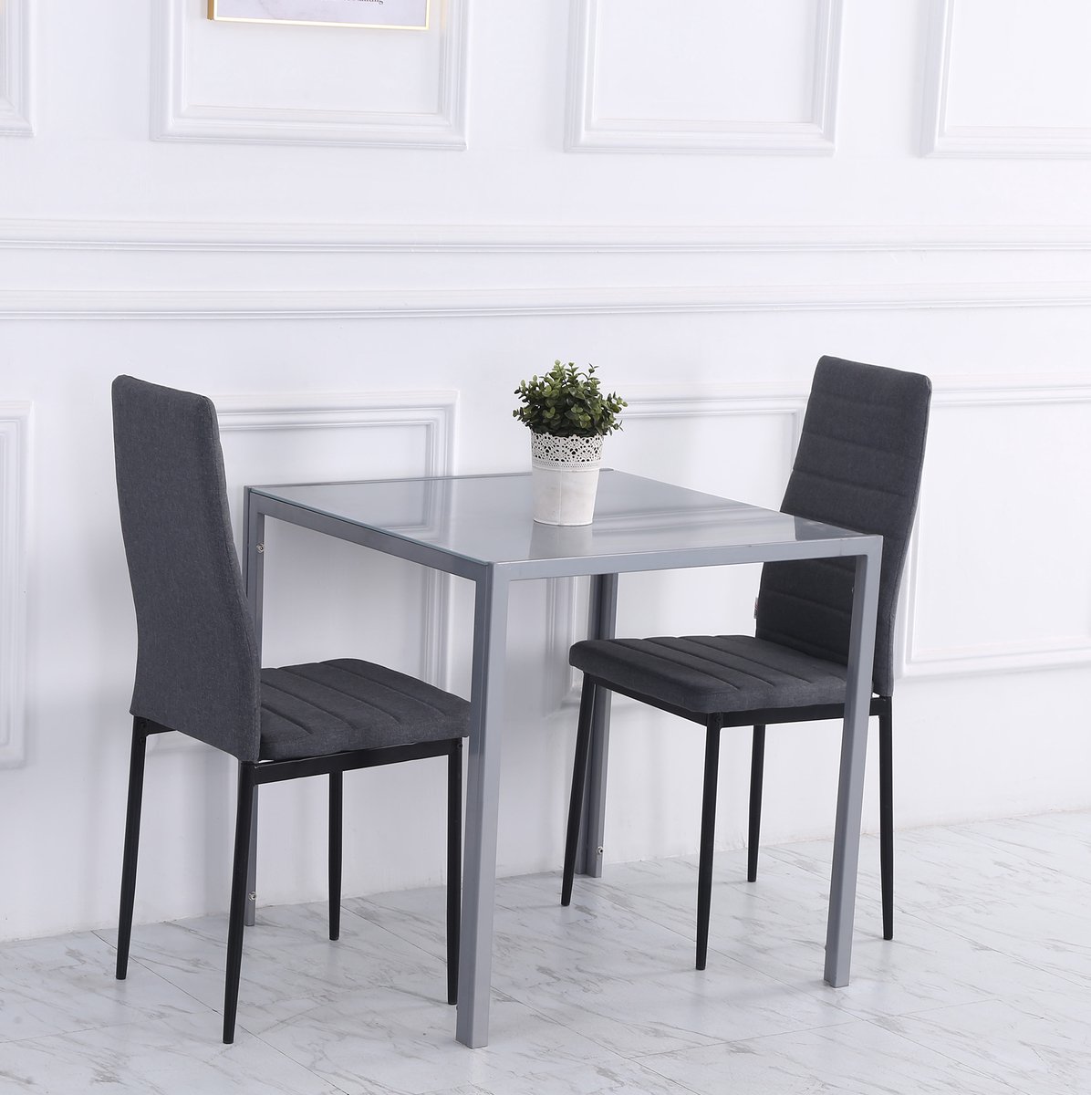 MEUNIQ vierkante eettafel 75x75x75 cm met glasblad en metalen frame, eettafel voor 4 personen voor keuken en eetkamer, modern, grijs