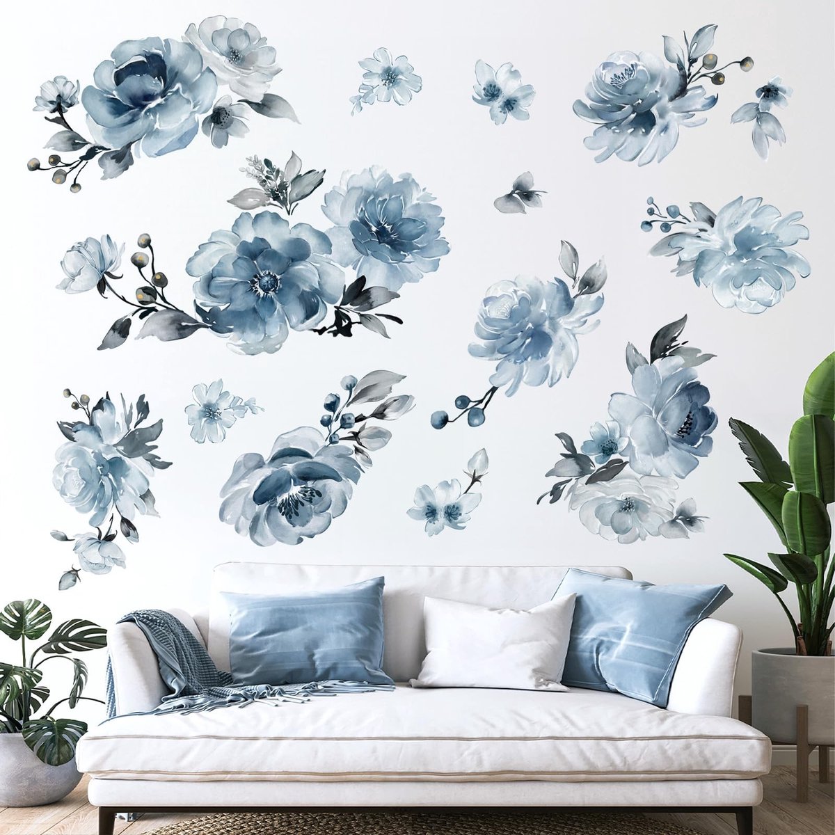 Inovra - Muurstickers - Bloemenstickers - Waterdicht - Blauw - Wanddecoratie - Slaapkamer - Woonkamer - Peony