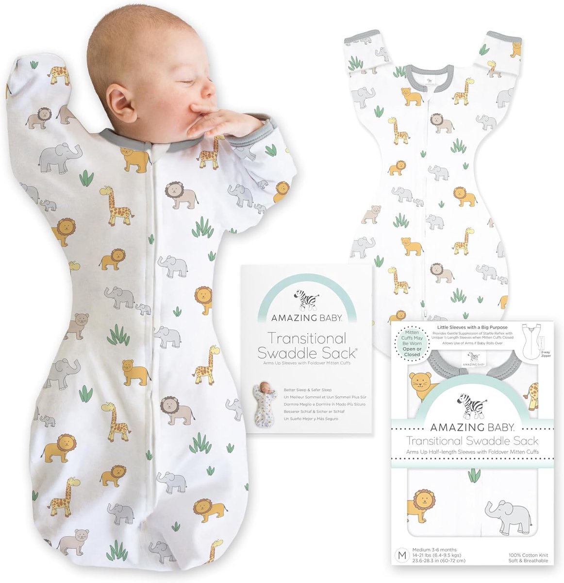 Thijox - Amazing Baby Overgang Inbakerzak voor Pasgeborenen, Draagbare Deken met Halve Mouwen en Wanten Manchetten, Veilig Slapen, Safari Design, 6-9
