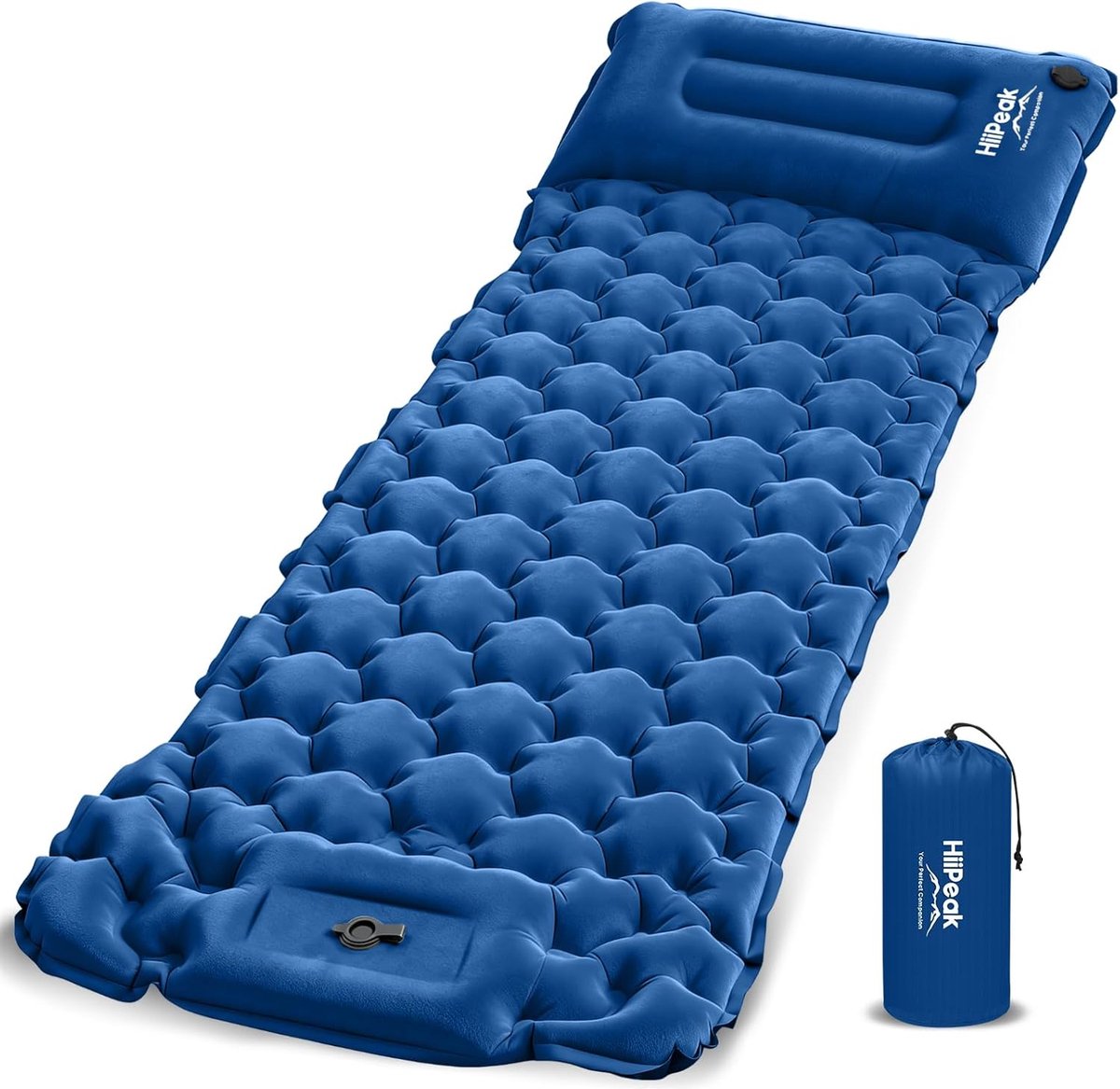 Thijox - Draagbare Campingmatras Opblaasbaar 1-zits met Kussen en Voetpomp, Ultralicht Slaapmat voor Kamperen, Reizen en Wandelen, Groen Blauw