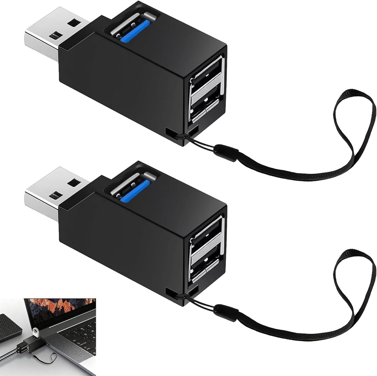 Thijox - 2 stuks 3-poorts USB 3.0 Hub, Mini USB-Hub, USB Splitter Adapter met 1x USB 3.0 & 2x USB 2.0, Compact voor Laptop, PC, Gegevensoverdracht, Op