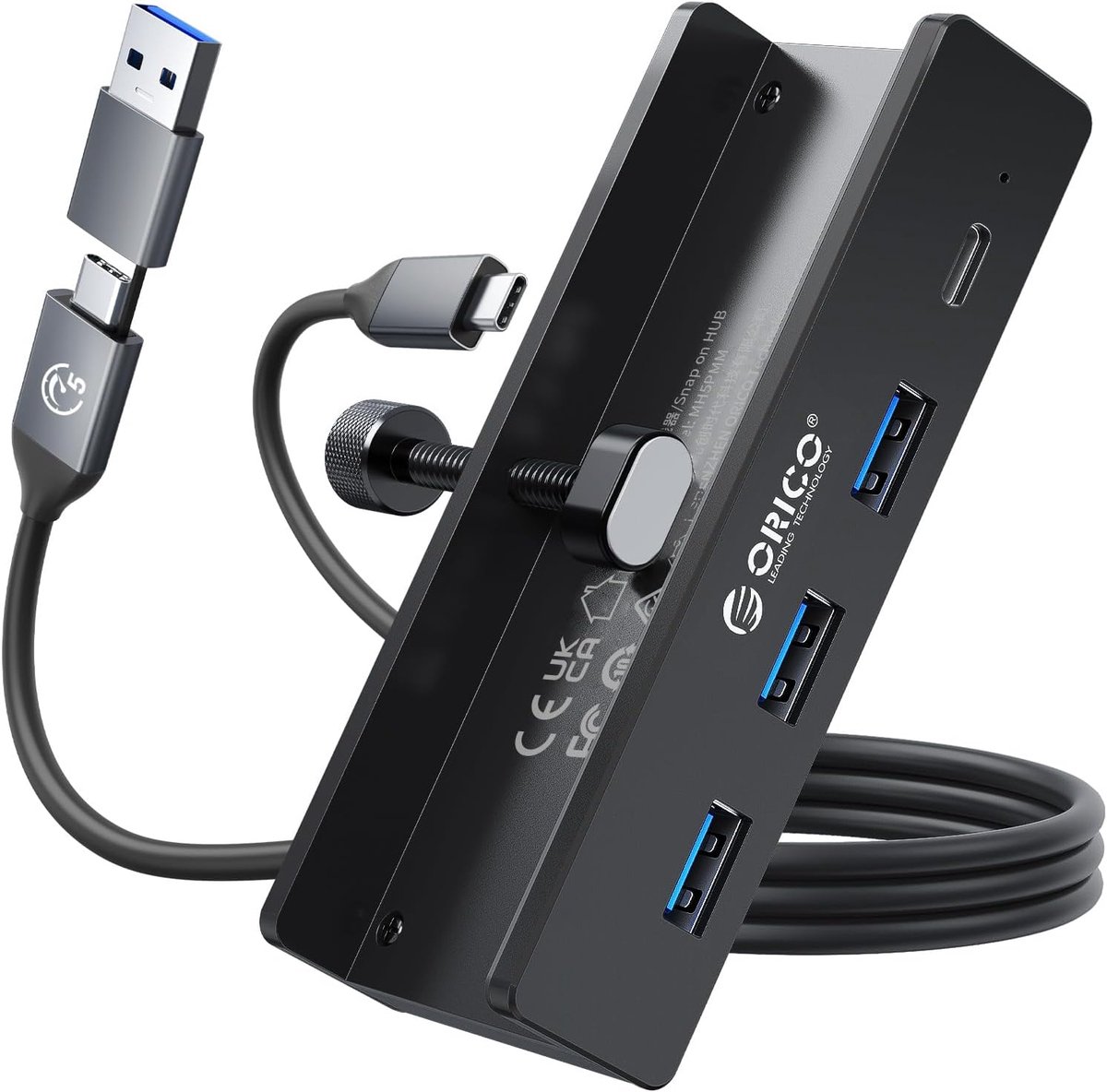 Thijox - USB-hub Aluminium 4 Poorten USB 3.0 Hub met 5V Voeding, 5 Gbps, 3 Type-A en 1 Type-C, 100 cm Kabel voor Bureaus en Monitoren