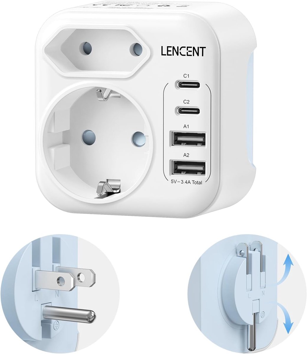 Thijox - Reisadapter Type B NL/EU naar VS met 4 USB-poorten, 2 Type C en 2 USB A, Schuko USA voor Amerika, Canada, Mexico, Japan, Colombia, Thailand,