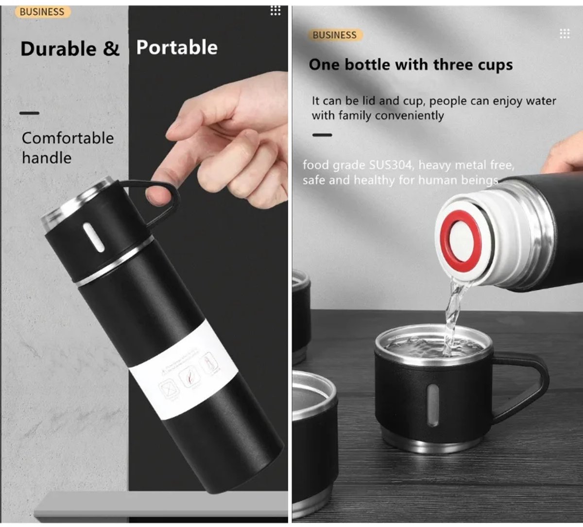 Thermosfles 500 ml met 3 Bekers – RVS Vacuümfles 12 Uur Warm en Koud – Lekvrije Isoleerfles voor Koffie en Thee – Reizen, Werk en Kamperen – Zwart – foto 5