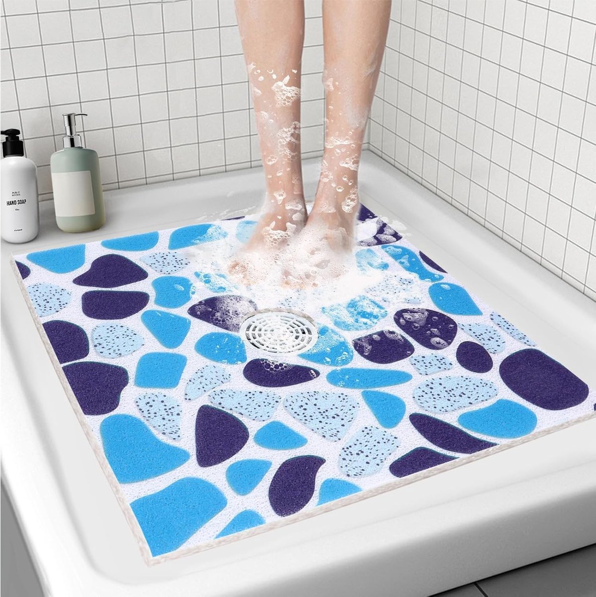 Vierkante Douchematt, 70 x 70 cm, Antislip Zacht PVC, Badmat met Afvoeropeningen, Sneldrogende Badkamervloer, Blauw