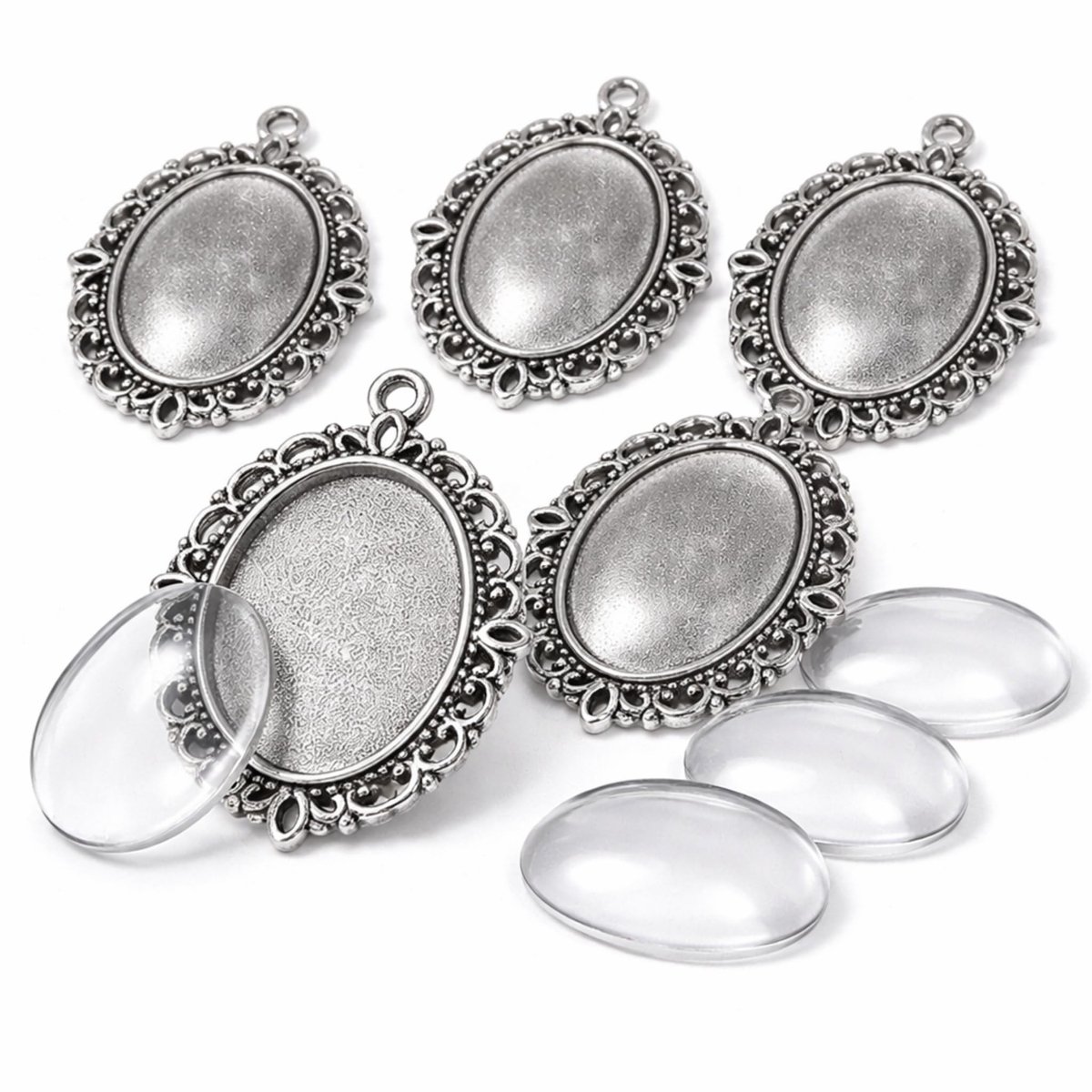 10-delige 5 stuks bedels lege lunette dienblad medaillons metalen hanger fittingen sieraden 18 x 13 mm ovaal 5 stuks helder glas cabochon knutselset