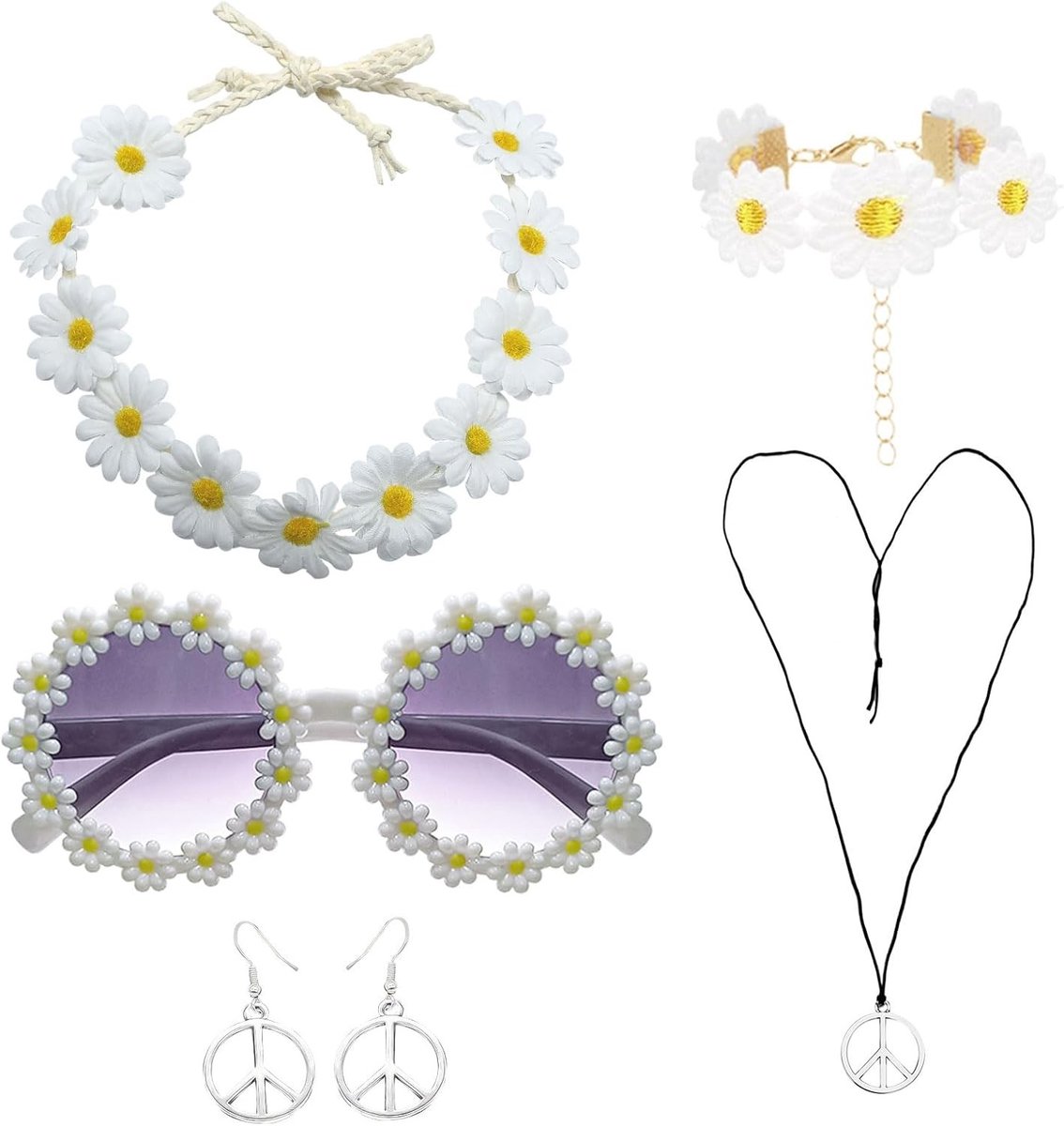 Hippie Kostuum Set voor Feestjes - 60s 70s Retro Outfit met Daisy Hoofdband, Vrede Sieraden en Zonnebril - Perfect voor Themafeesten en Carnaval
