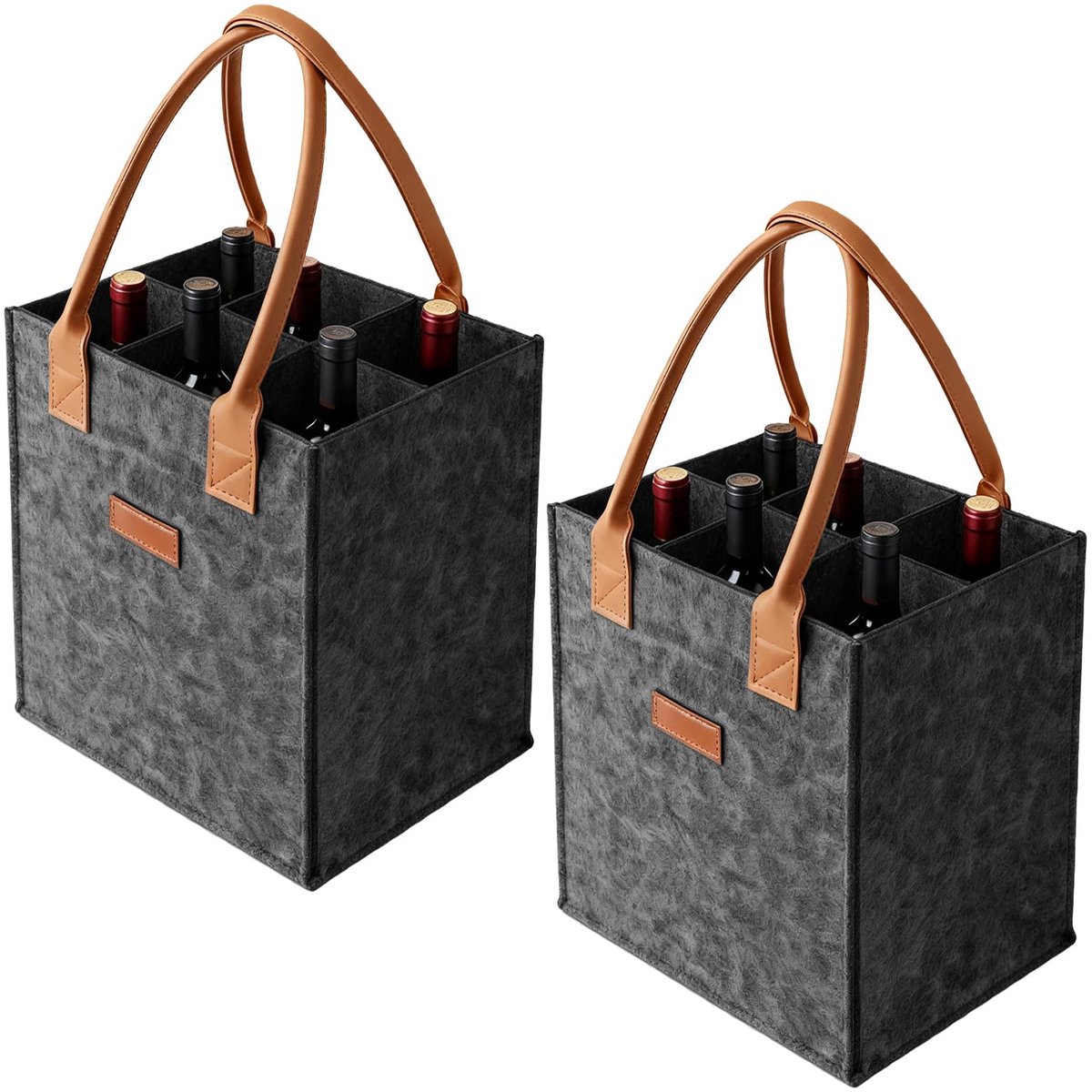 Flessentas met 6 vakken: 23 × 26 × 18 cm creatieve vilten flessentas, hoogwaardige flessendrager van vilt, opvouwbare flessendragertas voor wijn, dranken, winkelen en picknick, donkergrijs
