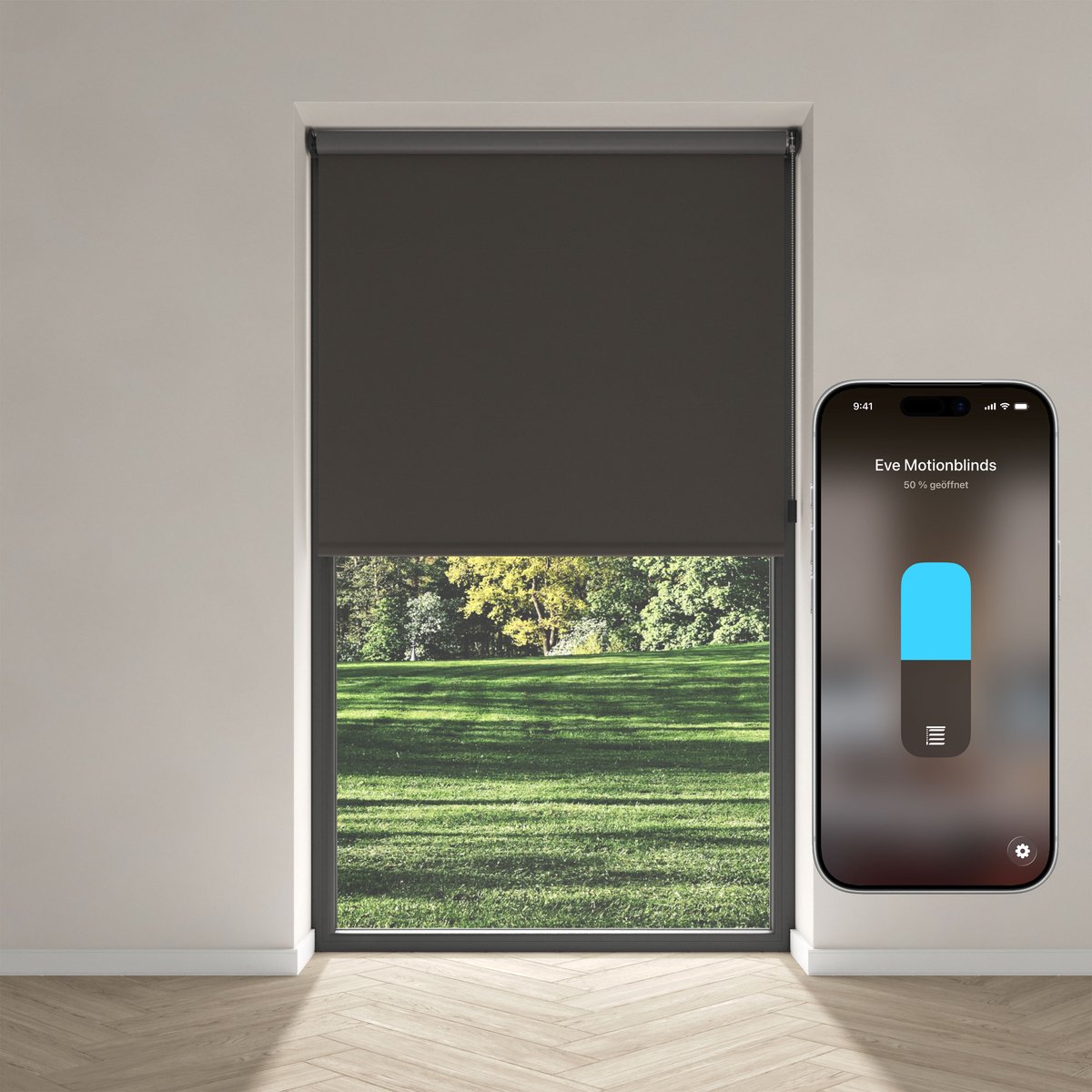 Eve Motionblinds (Matter) - Slim elektrisch rolgordijn voor binnen, app-/spraakbediening, schema's, verduisterend, oplaadbare accu, vrijhangend, schroefmontage, automatiseringen, vereist een hub, antraciet - 230x190cm