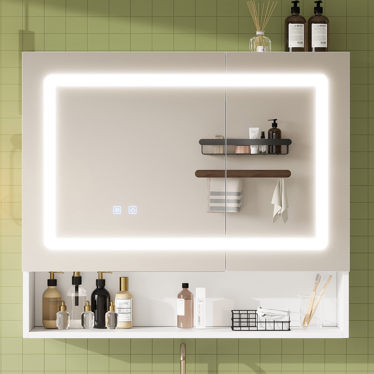 STILVORA Badkamerspiegelkast - Dubbele Deur Met Led Verlichting En Anticondens - Voor Badkamer En Wastafel - MDF En Glas - Wit - 80x17x70 Cm