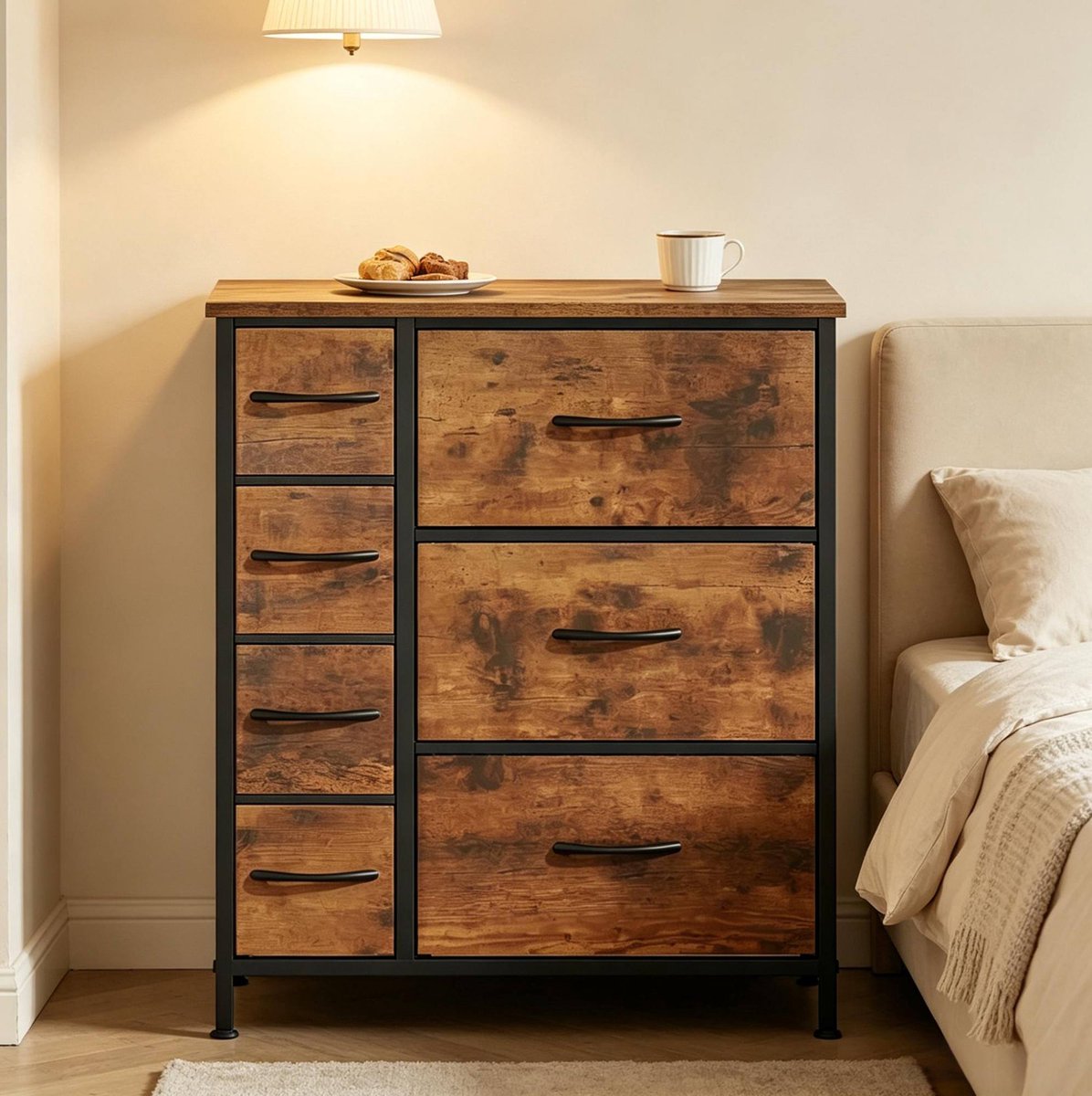 HAUSS SPOLE Dressoir - Opbergkast Met 7 Lades En Veel Opbergruimte - Voor Woonkamer Slaapkamer En Hal - Hout Metaal Bruin Zwart - 63,5x30x73 Cm