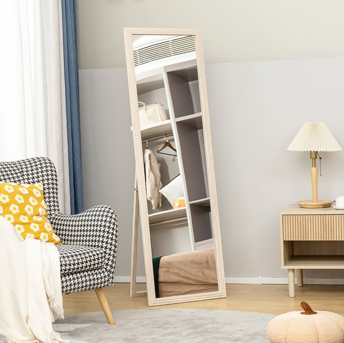 MEUNIQ passpiegel 160 x 50 cm staande spiegel en wandspiegel rechthoek met lijst, vrijstaand, tegen de muur of ophangbaar, volledig spiegelbeeld voor slaapkamer of kleedruimte, wit