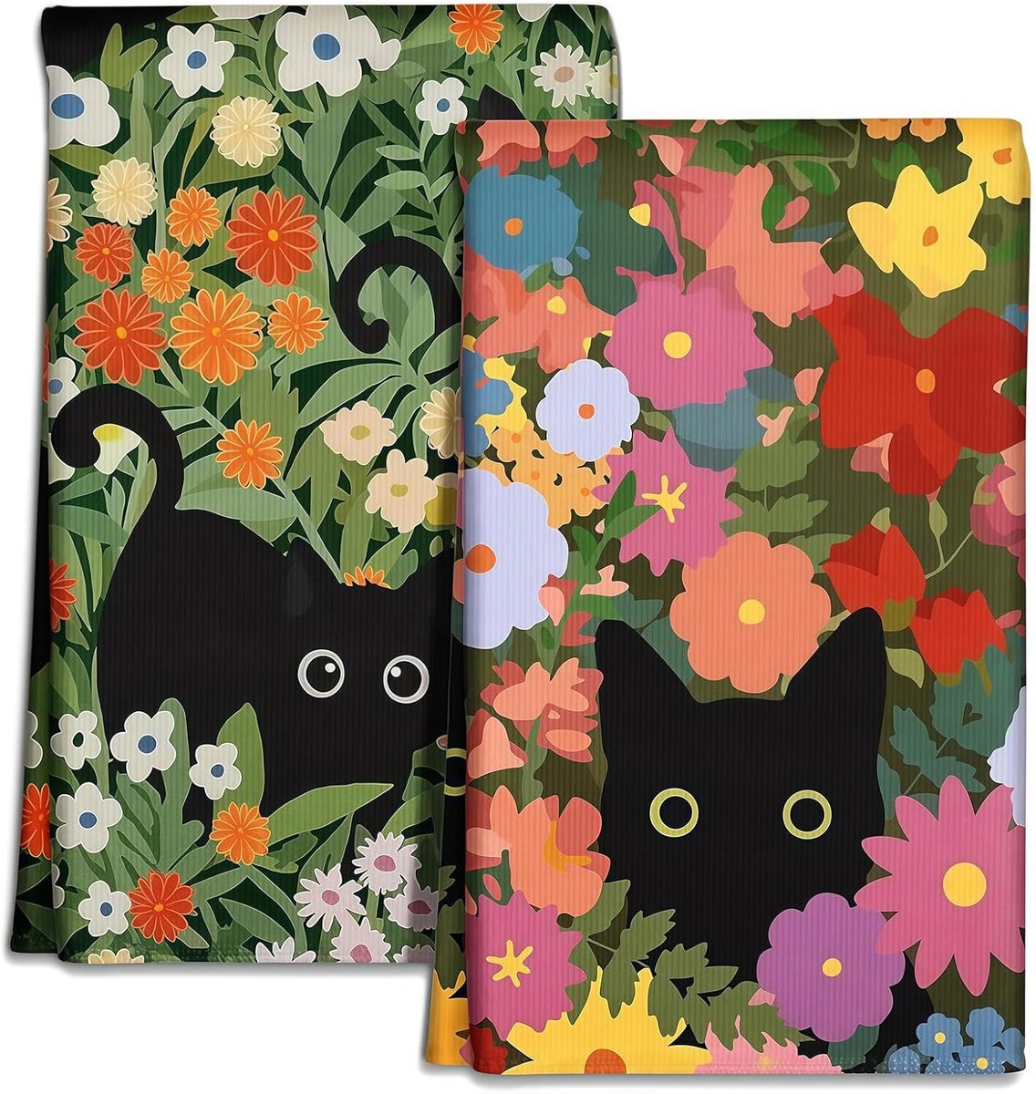 Thijox - Microvezeldoeken Keukenhanddoeken – 2 stuks Theedoeken 45 x 66 cm, Zacht & Absorberend, Voorjaarshanddoeken met Katten- en Bloemenmotief voor