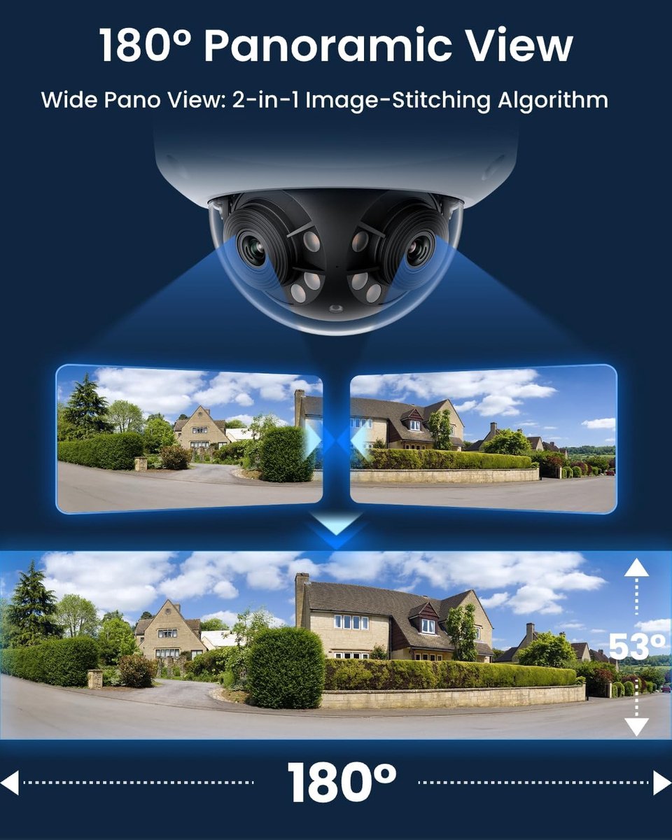 SnelShoppen - 16MP UHD 180° Dual PoE-camera met Motion Track, Kleuren Nachtzicht, Spotlights, Slimme Detectie, Tweeweg Audio, Vandalismebestendig en I