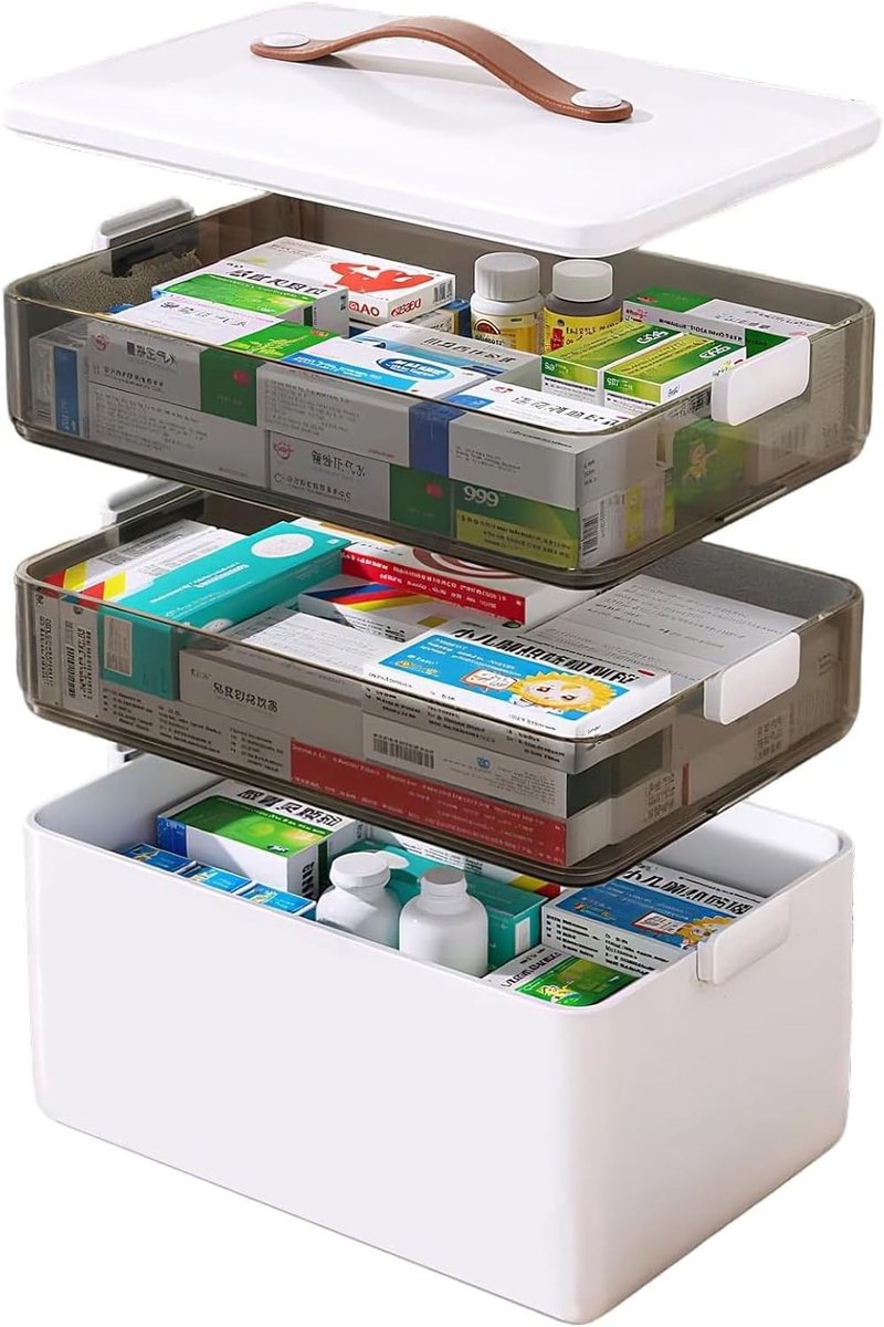 3-laagse Medicijnendoos, Draagbaar met Leren Handvat, Ideaal voor Thuis en Reizen, 34 x 22 x 25,5 cm, Wit, Organisatie, Opslag, Gezondheid