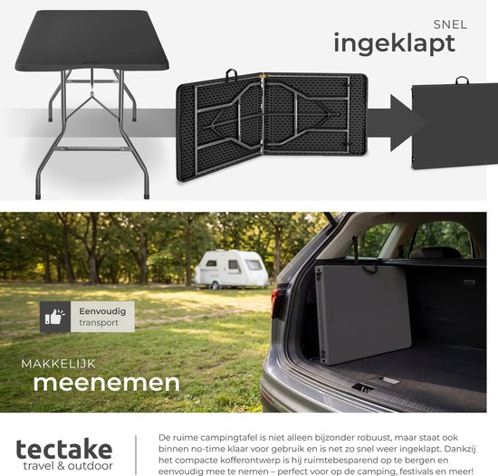 tectake® Inklapbare Campingtafel - 180 x 70 x 74 cm - Kampeertafel - Picknicktafel - Tuintafel - Weerbestendig - Met Draaggreep - Antraciet van TecTake — afbeelding 5