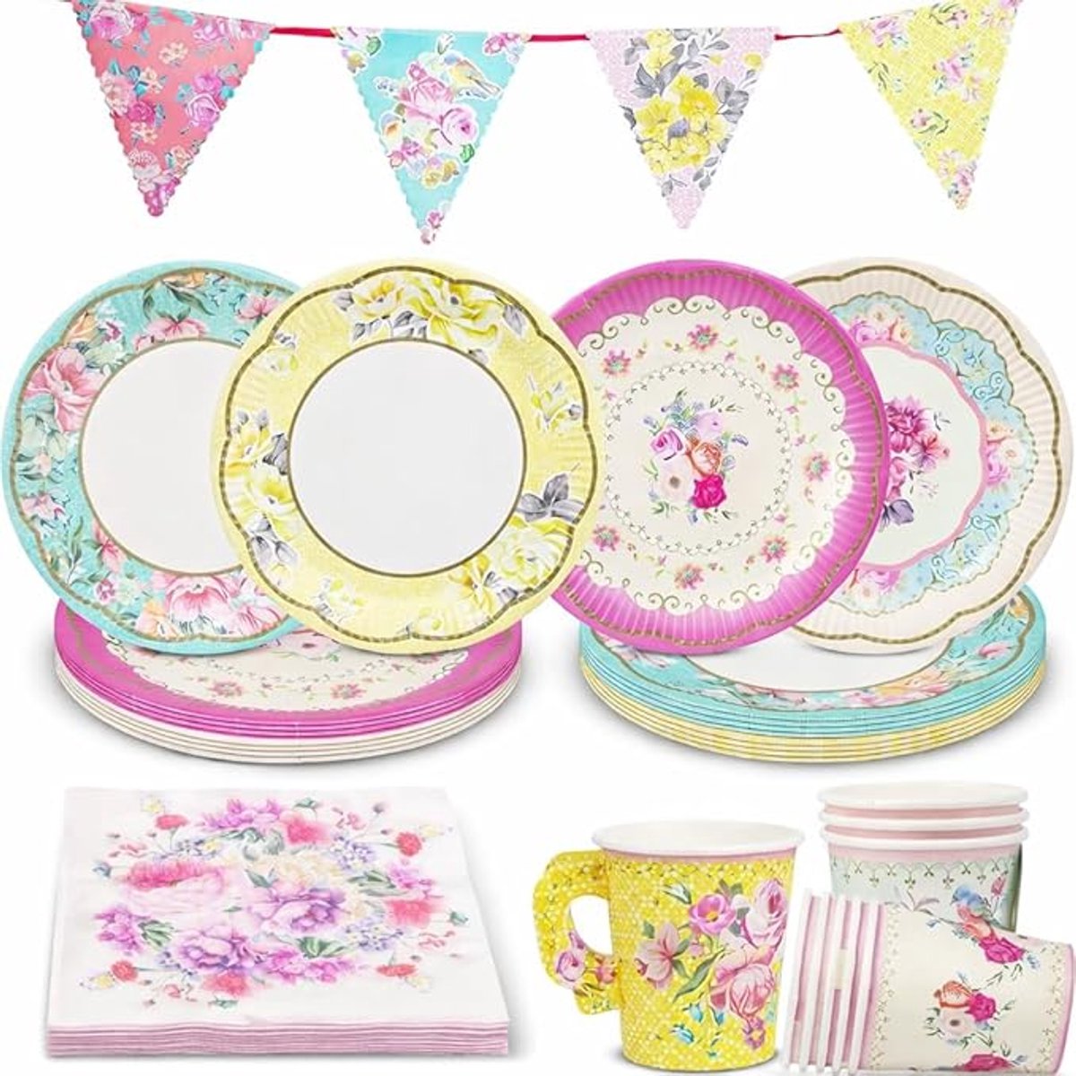 Talking Tables 50-delige Bloemen Theekrans Feestset – Wegwerp Servies & Tafeldecoratie voor 16 Personen, Moederdag, Babyshower, Verjaardag, Inclusief Borden, Servetten, Theekopjes & Dubbelzijdige Slinger (4 m)