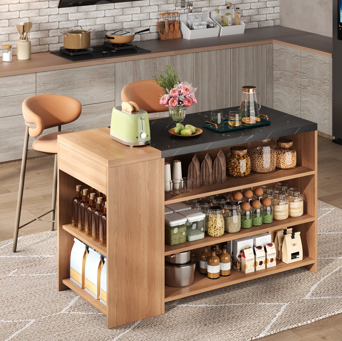 DESMIU Bartafel - Keukeneiland Met 5 Opbergniveaus En Verborgen Lade - Voor Keuken En Eethoek - MDF - 140x60x90 Cm - Zwart En Naturel