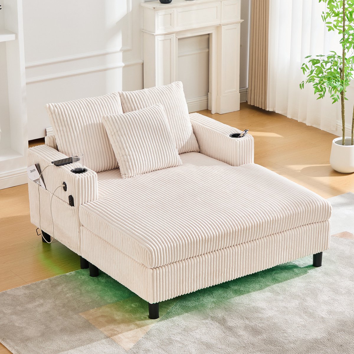 HAUSS SPOLE Chaise Longue - Relax Ligstoel Met USB Aansluiting, Bekerhouders En LED Verlichting - Voor Woonkamer En Slaapkamer - Ribstof Beige