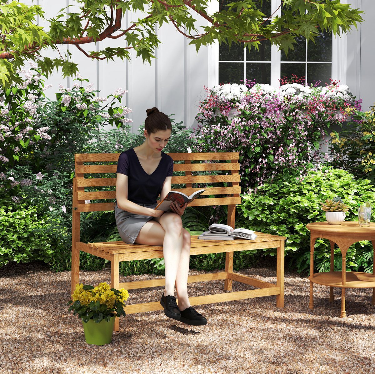 MEUNIQ 2-zits tuinbank van grenen 110 x 61 x 89 cm, omvormbaar tot picknicktafel, met rugleuning en lattenontwerp, voor balkon, terras of tuin, naturel