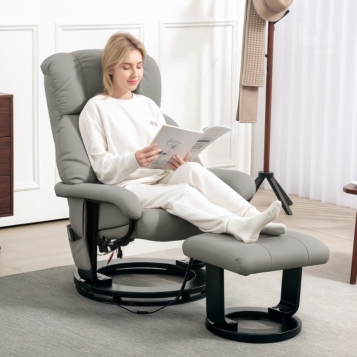 MEUNIQ relaxfauteuil met hocker en massagefunctie, elektrisch verstelbare rugleuning, 360° draaifunctie, afstandsbediening, zijvak, kunstleer, grijs