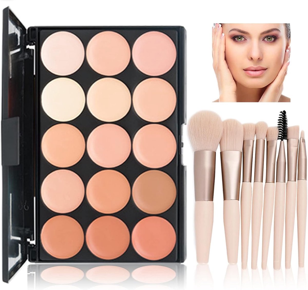 Kleurcorrectie Make-up Palet met 15 Crème Tinten en 8 Make-up Kwasten voor een Egaal Huidbeeld en Perfecte Teint