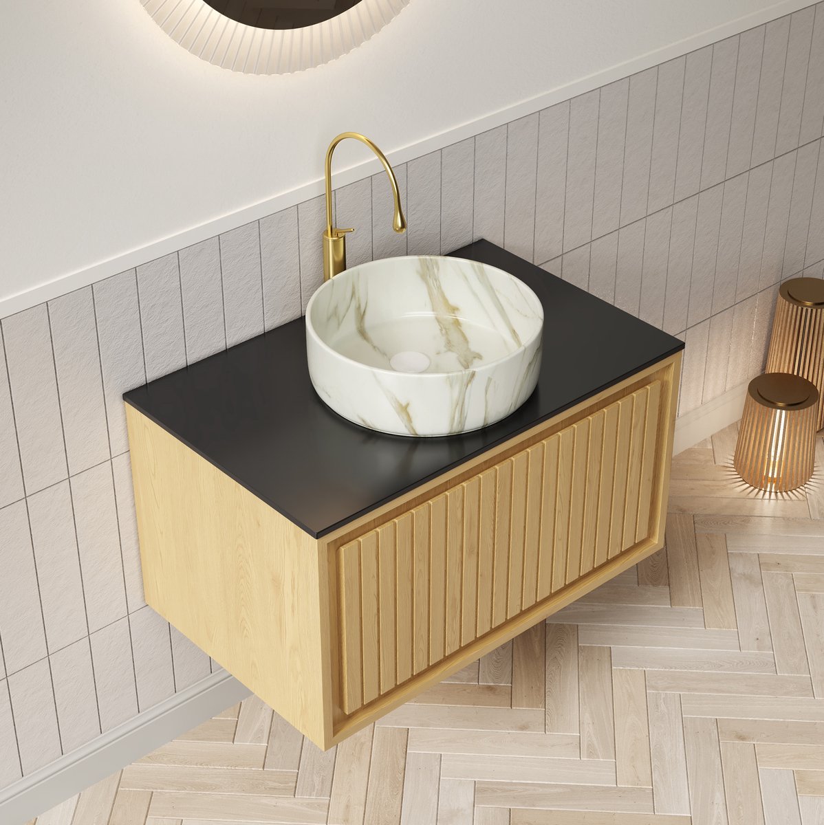 HAUSS SPOLE Badkamermeubel - Hangend Badkamerkast Met Opbouwwaskom En Lade - Voor Badkamer - Keramiek En Sintersteen - 76x48x41,1 Cm