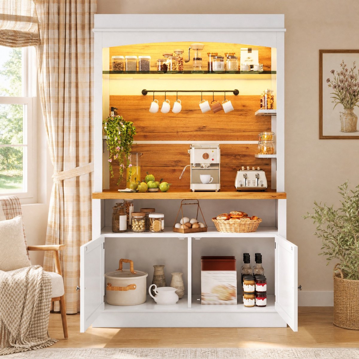 MIVRAY Buffetkast - Hoge Opbergkast Met Ledverlichting En Glasplank - Voor Keuken En Eetkamer - MDF En Metaal - 107x34x184 Cm - Wit