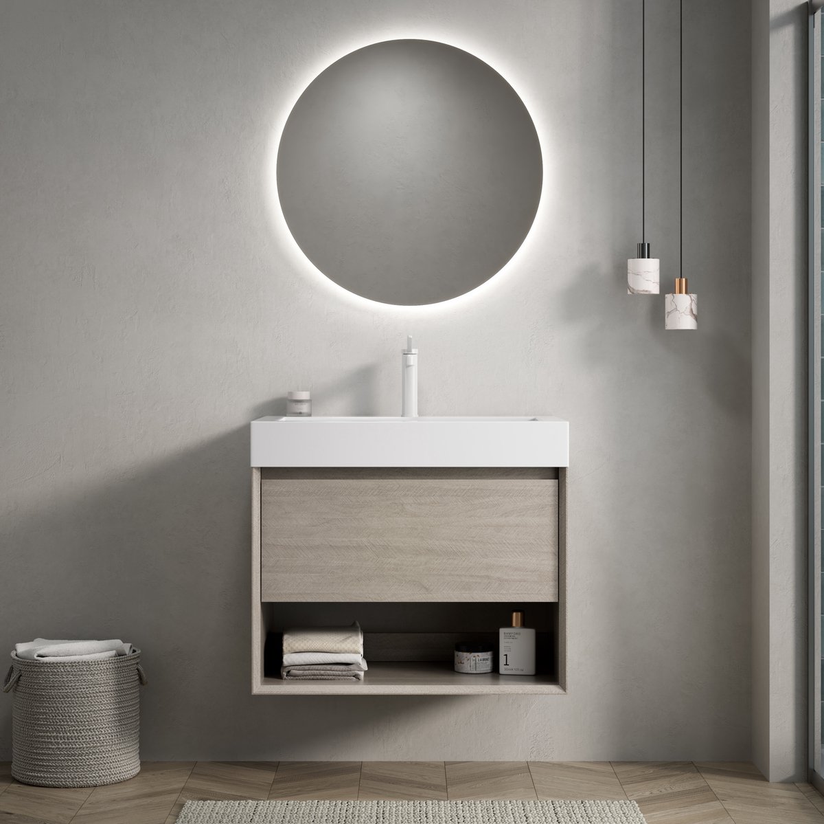 HAUSS SPOLE Badkamermeubel - Wandhangend Met Witte Resin Wastafel En Lade - Voor Badkamer - Licht Eiken En Wit - 70x46x60 Cm
