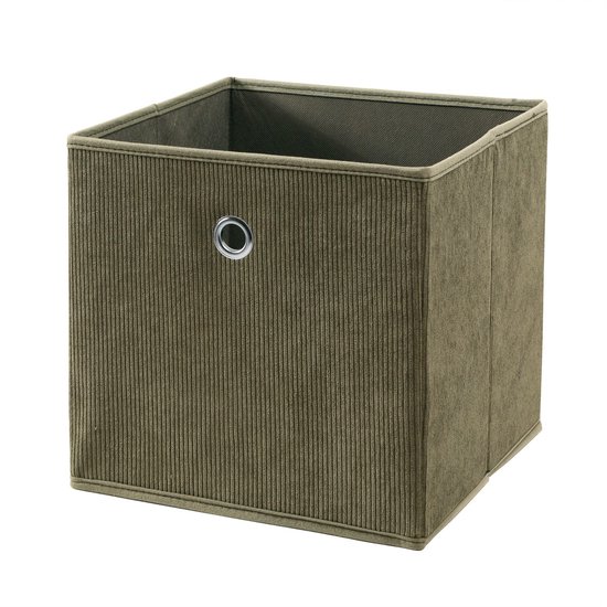Cube de rangement pliable kaki côtelé avec un œillet, sur fond blanc.