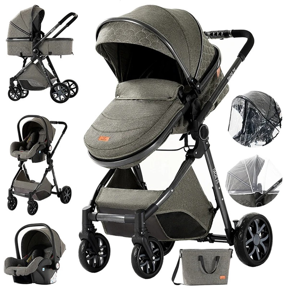 Brandistry - 3 in 1 kinderwagen - Kinderwagen - Maxi Cosi - Wandelwagen - Lichtgewicht - Inclusief Regenhoes - Diep Grijs
